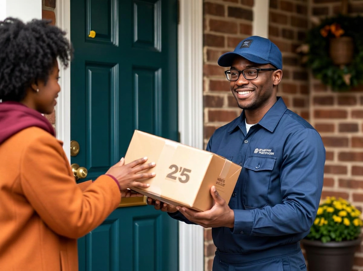 Professional driver handing package to a customer